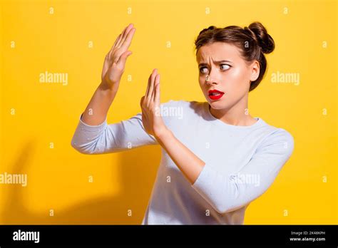 Photo Of Anxious Frustrated Lady Frightened Horror Ignore With Palms