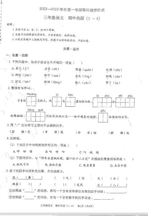 2022广东深圳龙华区三年级上册语文期中试卷（下载版）三年级语文期中上册奥数网