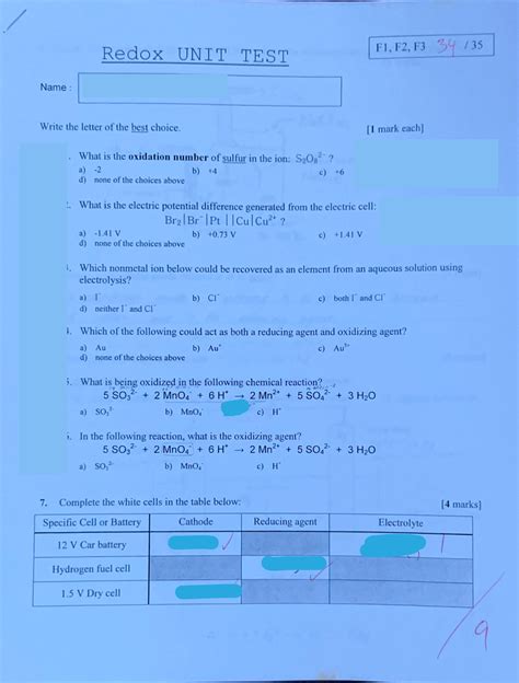 N Test 6 Redox Reactions With Ans Redox Unit Test F1 F2 F3 34 Name Write The Letter Of