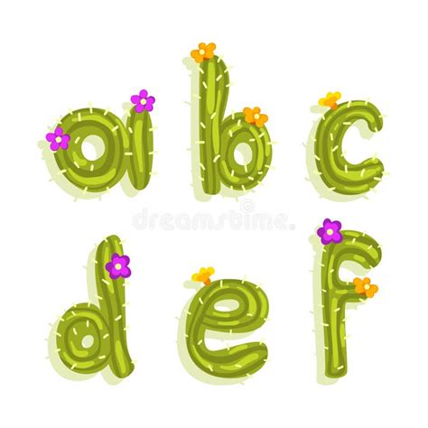 Latin Alphabet Of Green Cactus With Blooming Flowers And Lowercase