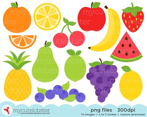 Set1 Watercolor Fruit Clipart Pear Cherry Apple Strawberry Fruit