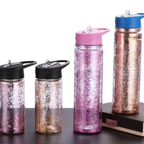 250ml 550ml Glitter Branded Double Wall Plastic Drinking Bottle With