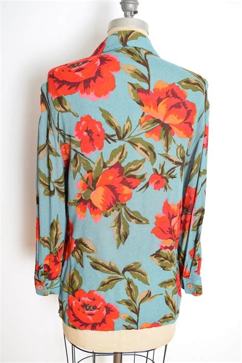 Vintage 90s Top Blue Red Floral Poppies Poppy Print Blouse Etsy