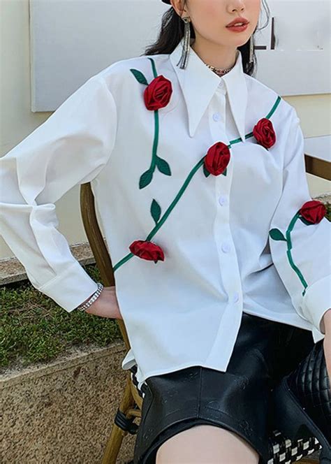 Italian White Peter Pan Collar Roses Floral Patchwork Button Shirt Long