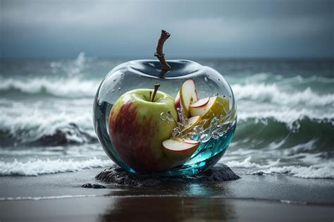 Premium AI Image | apple fresh fruit in transparent cube generative ai
