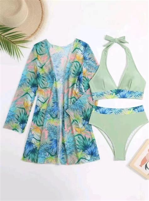 Tropical Oasis High Waist Bikini Set With Deep V Halter Top And Flowing Leaf Print Chiffon