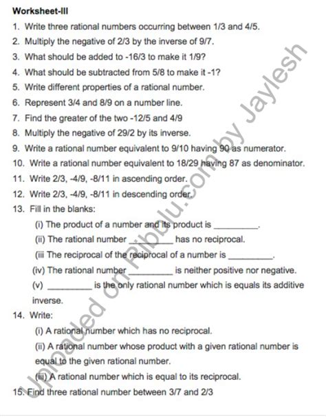 Worksheets On Rational Numbers For Class 8