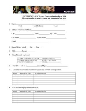 Fillable Online Esf Esf Science Esf Science Corps Application Form