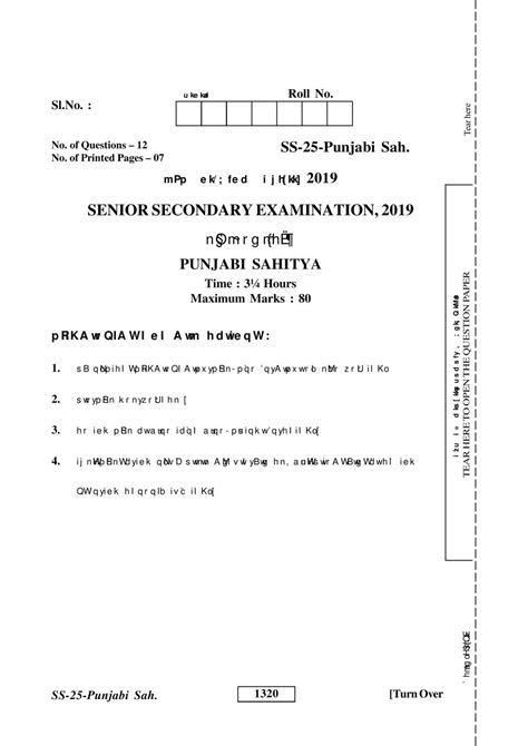 Rajasthan Board 12th Class Question Paper 2019 Punjabi Literature