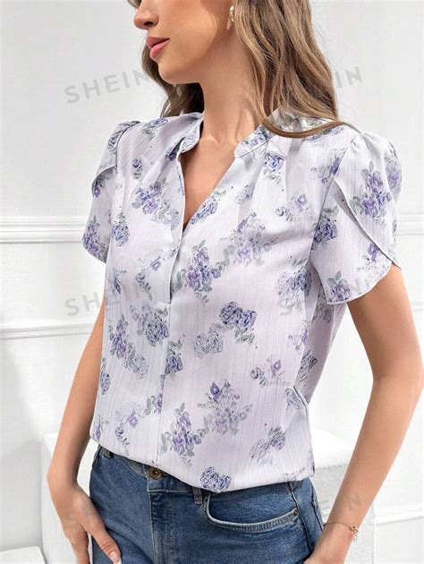 Shein Mulvari Women S Purple Floral Print Petal Sleeve Blouse Summer