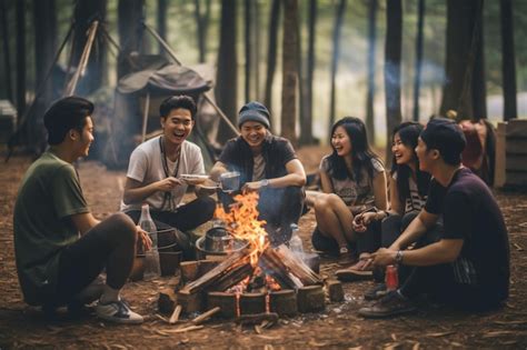 Premium Ai Image Group Of Friends Asian Camp
