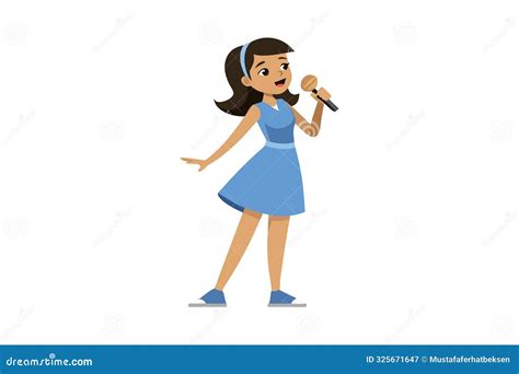 Cartoon Girl Singing With A Microphone On Stage In Blue Dress Stock Vector Illustration Of