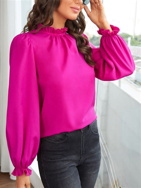 Hot Pink Elegant Long Sleeve Polyester Plain Top Embellished Non Stretch Spring Women Tops