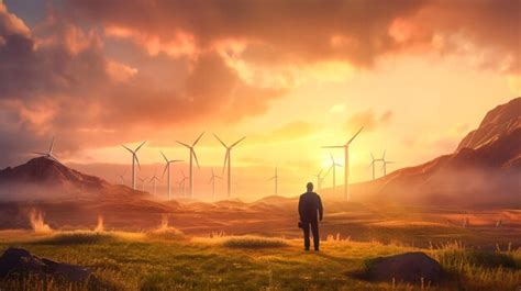 Premium Ai Image Serene Landscape With Wind Turbines And A Thoughtful Man Generative Ai