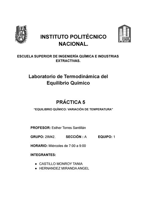 Practica 5 T E Q Eq INSTITUTO POLITÉCNICO NACIONAL ESCUELA SUPERIOR