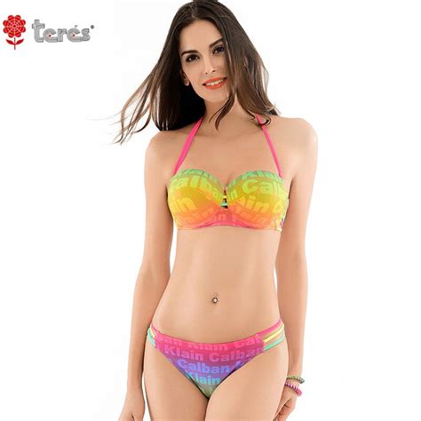 Rainbow Color Letters Pattern Bikini Women Swimsuit Padded Push Up