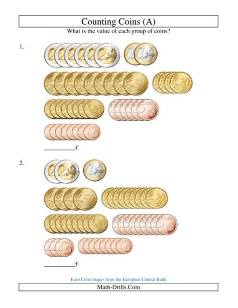 Money Worksheet Counting Euro Coins