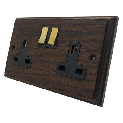 Jacobean Dark Oak Polished Brass Switched Plug Socket Sockets