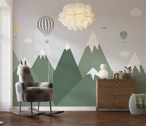 Snowy Green Mountains Hot Air Balloons Clouds Birds Wallpaper Self Adhesive Peel And Stick Wall