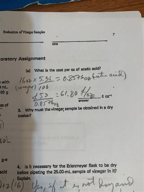 Solved Evaluation Of Vinegar Samples Date Oratory Assignment Chegg