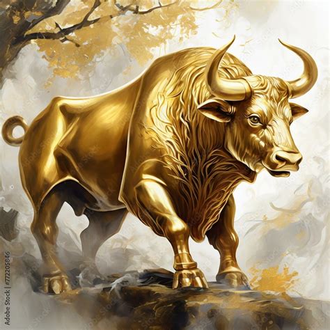 Golden Bull On The Sky An Elegant Digital Illustration Featuring A Majestic Golden Bull Statue