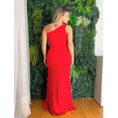 Vestido Longo De Festas Vermelho Mula Manca Fenda Babados Elo