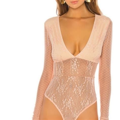 NBD Tops Nwt Nbd Lace Long Sleeve Libra Bodysuit Nude Peach Sheer Small Poshmark