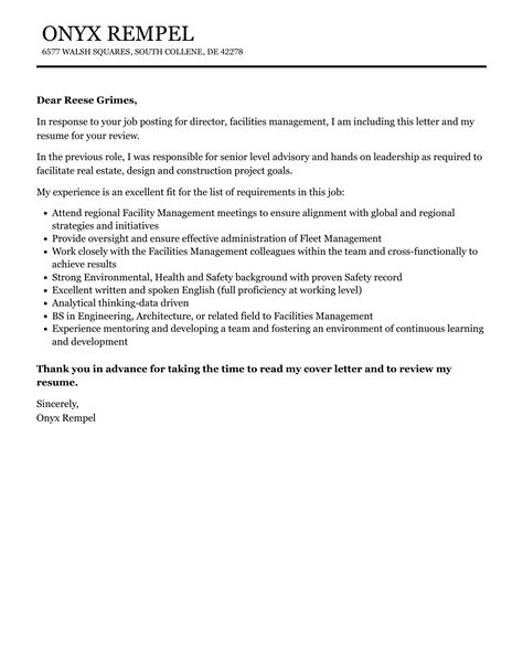 Director Facilities Management Cover Letter Velvet Jobs