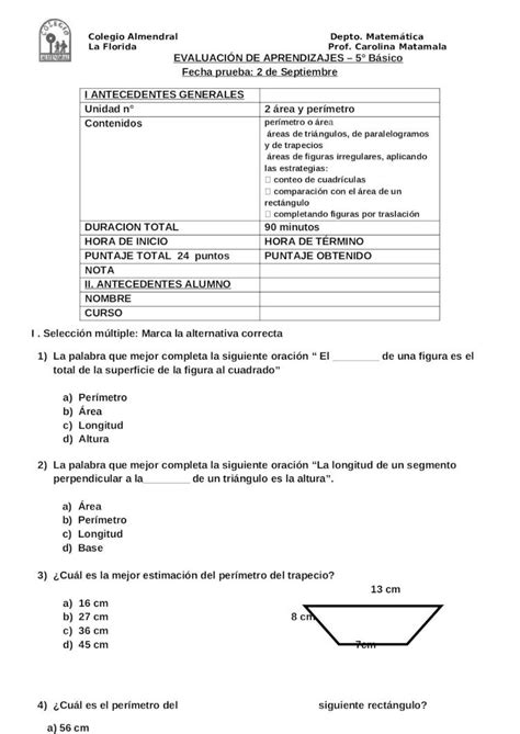 DOCX Prueba De Area Y Perimetro Quinto DOKUMEN TIPS