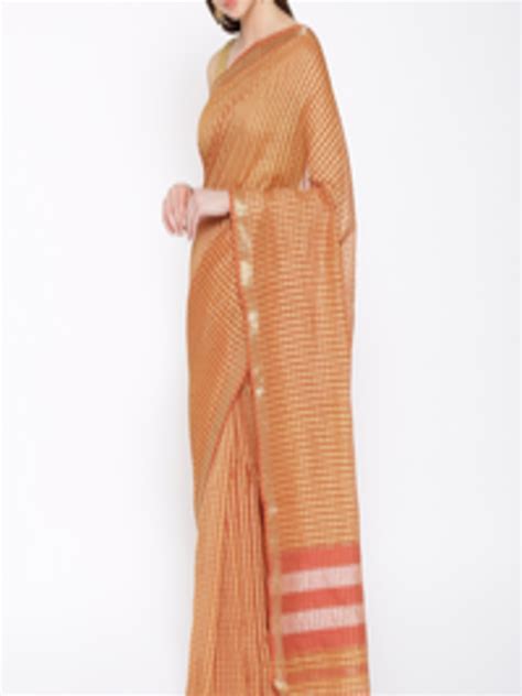 Buy Lal10 Rust Orange And Golden Checked Handloom Maheshwari Jamdani