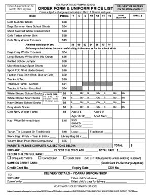 Fillable Online Web Yidarra Wa Edu Order Form Uniform Price List