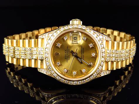 Excellent Ladies 27 Mm Rolex President Datejust 18k Yellow Gold Diamond Watch Ebay