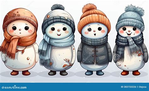 Funny Snowmen In Hats And Scarves On White Background Cartoon Style