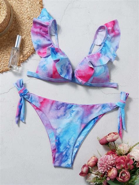 Tie Dye Ruffle Tie Side Bikini Swimsuit