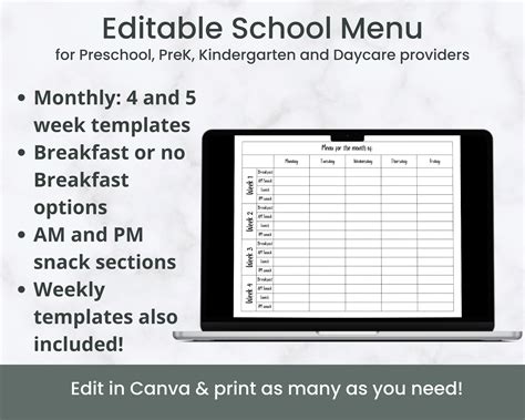 School Menu Template Editable Monthly And Weekly School Menu Printable
