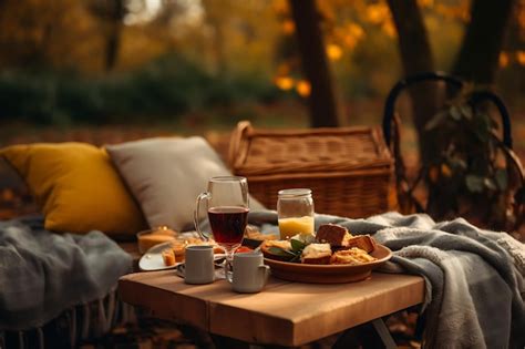 Premium AI Image Outdoor Cozy Autumn Picnic Setup With Blankets And Hot