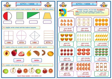 1 Sınıf Matematik Kesirler Bütün Yarım Çalışması 3 4 2 Sayfa Meb Ders