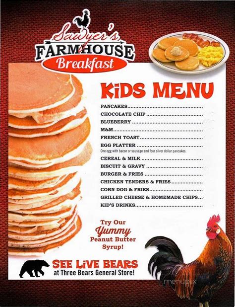 Menu of Sawyer's Farmhouse Breakfast in Pigeon Forge, TN 37863