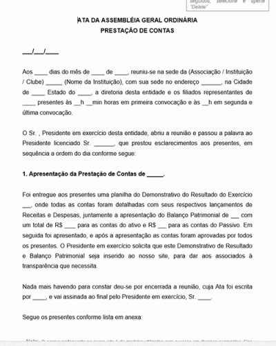 Refer Ncia Para Uma Ata De Assembleia Geral Ordin Ria Para Presta O De