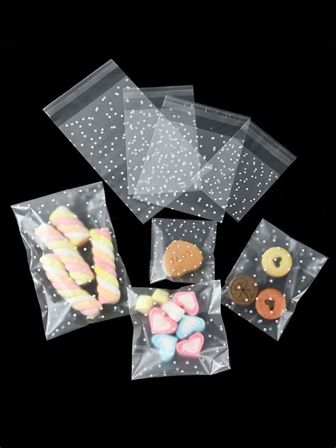 100pcs Clear Plastic Self Adhesive Candy Cookies Bag With White Polka