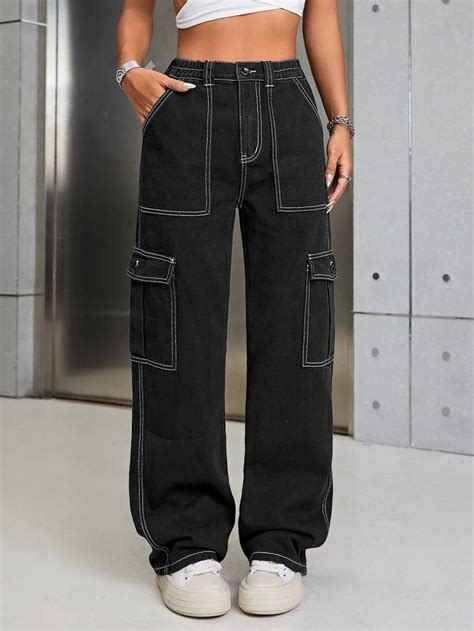 Top Costura Lado Do Bolso Da Aba Jeans Cargo Clothes Cargo Pants