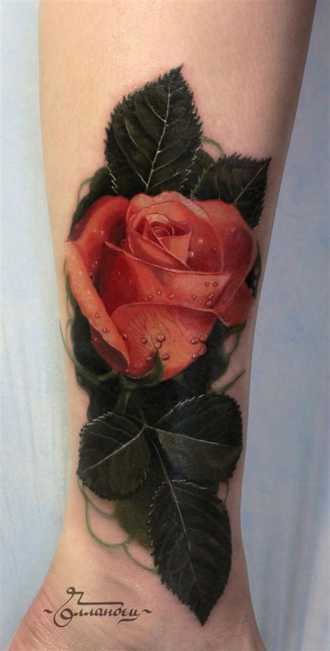 3d Very Realistic Colored Rose With Water Drops Tattoo On Leg