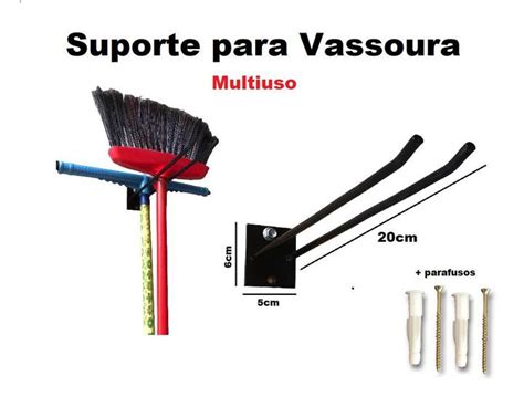 Suporte de Parede para Vassoura Rodo Pá Multiuso Organizador Preto 20cm