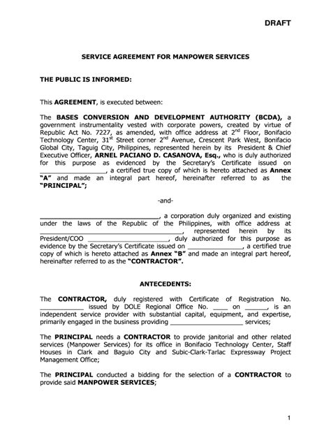 Fillable Online Bcda Gov Service Agreement Philippines Bases