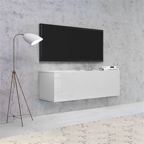 Meuble TV Suspendu VIVO 140 Cm Blanc Blanc Brillant Style Moderne