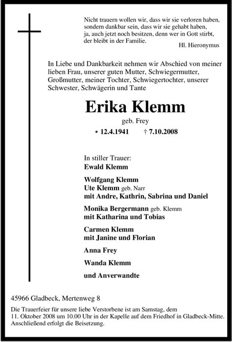 Traueranzeigen Von Erika Klemm Trauer In NRW De