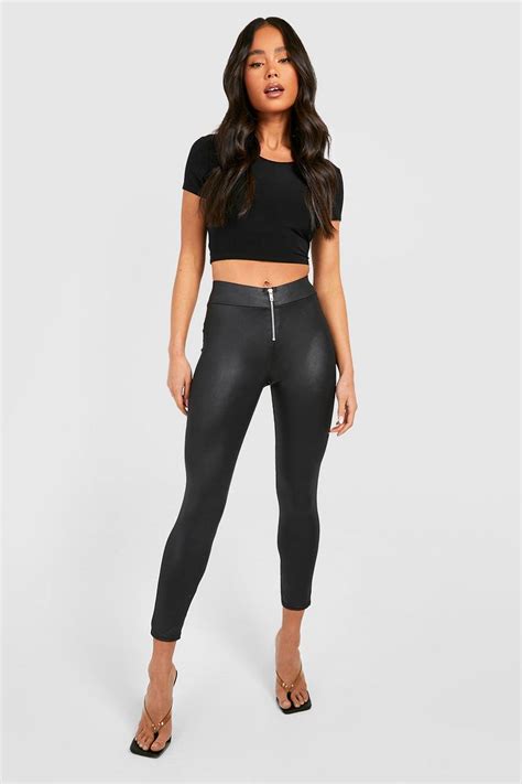 Petite Zip Up Wet Look Leggings Boohoo