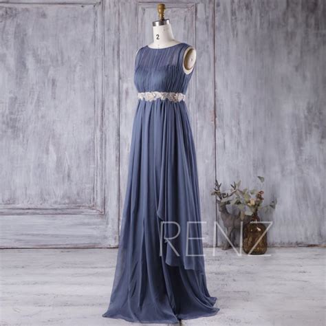 2017 Steel Blue Chiffon Boho Bridesmaid Dress Scoop Neck Wedding Dress