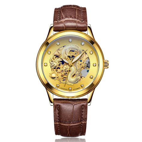 Luxury Brand Fashion Mens Dragon Carved Skeleton Diamond Automatic