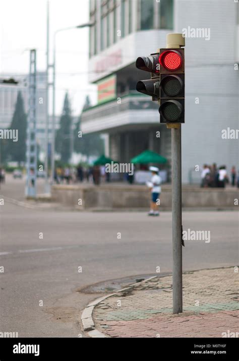 Red Traffic Light In The Street Pyongan Province Pyongyang North